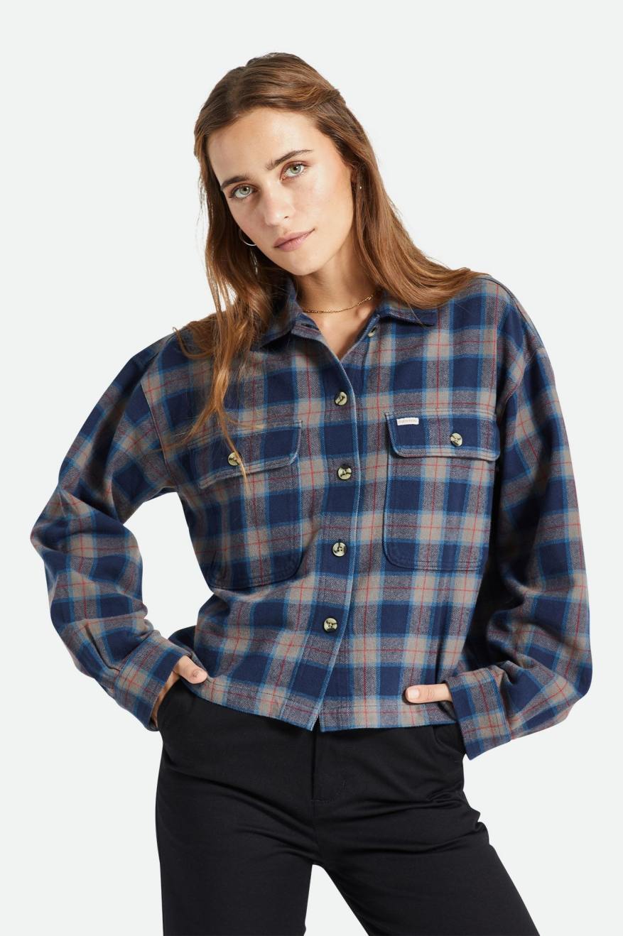 Brixton Bowery L/S Flanel Üstler Kadın Lacivert Gri | 916XZGLHP